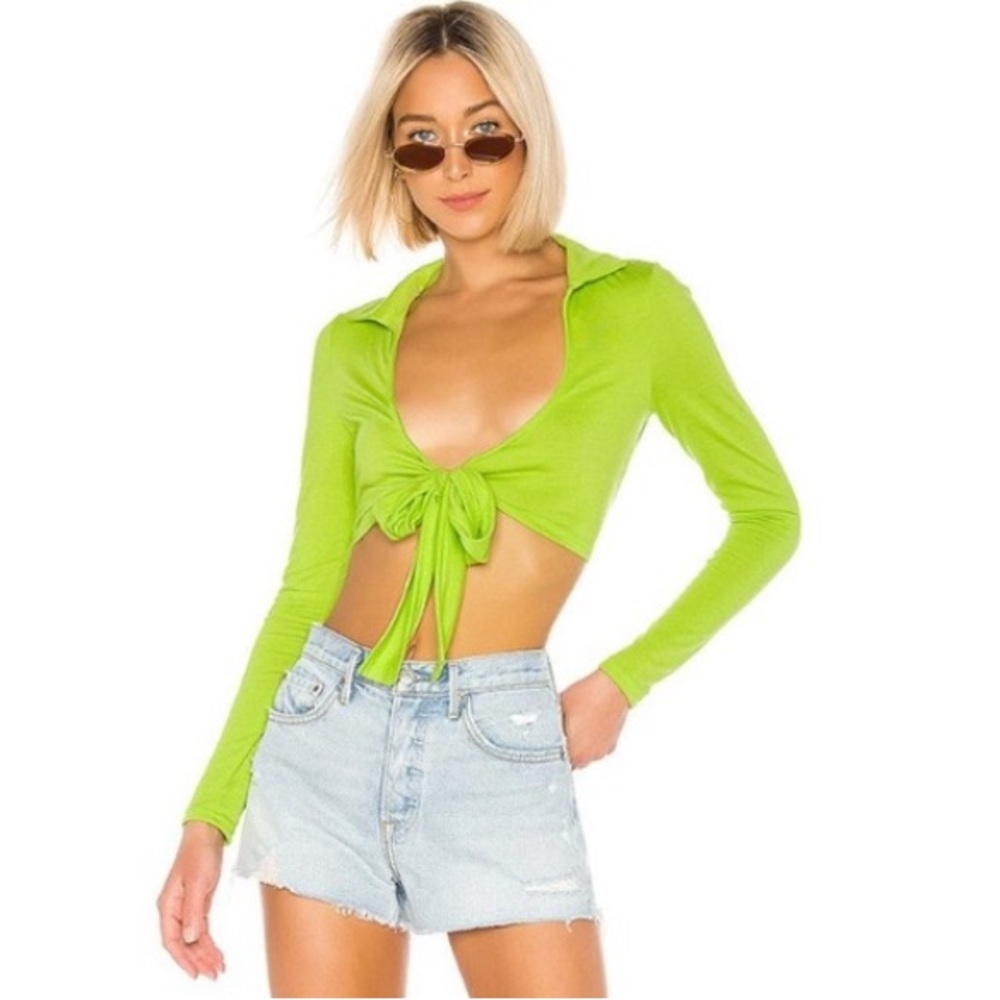 Superdown x Revolve Lime Green Adjustable-Tie Collared Crop Top
